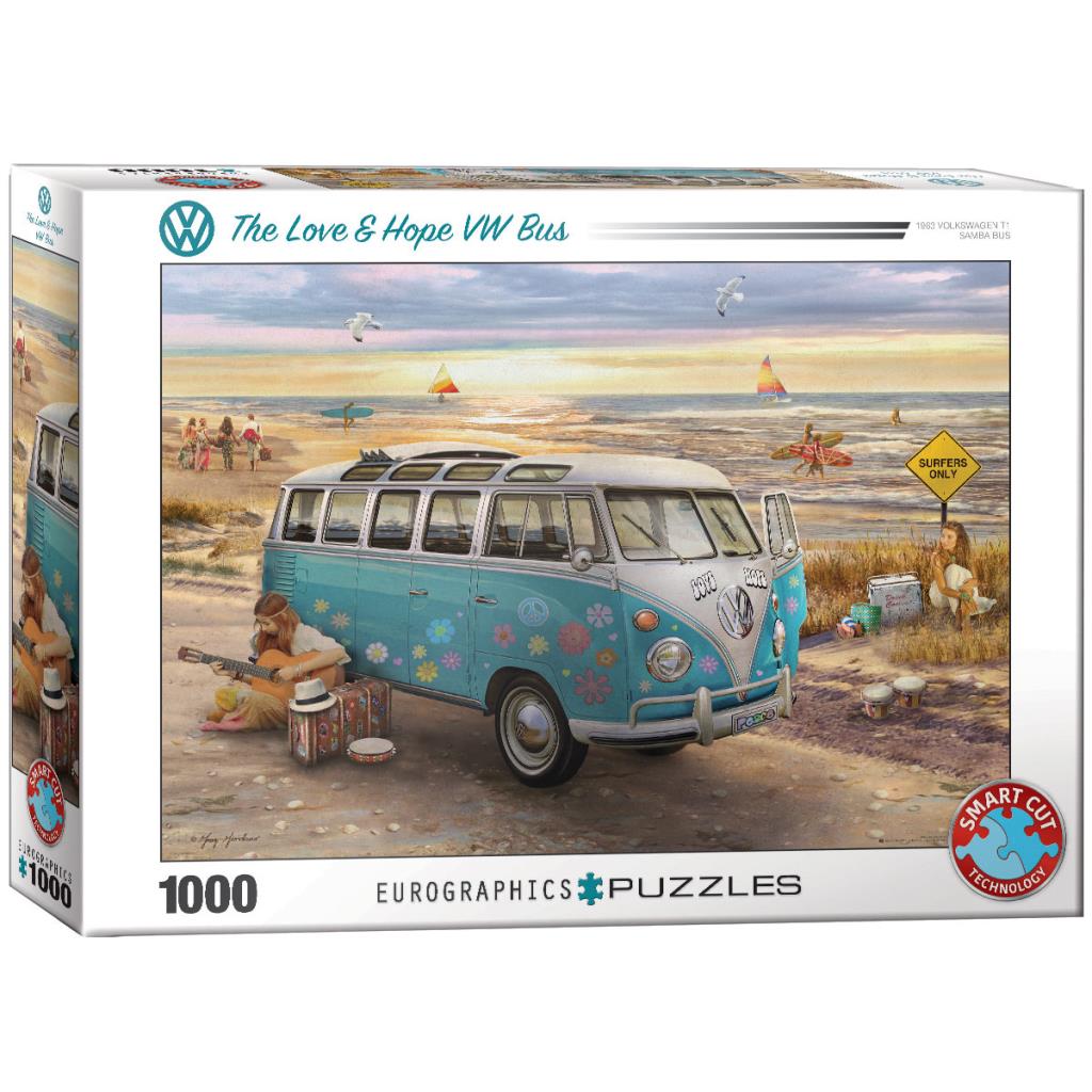 Kék VW hippi kisbusz gitározó nővel